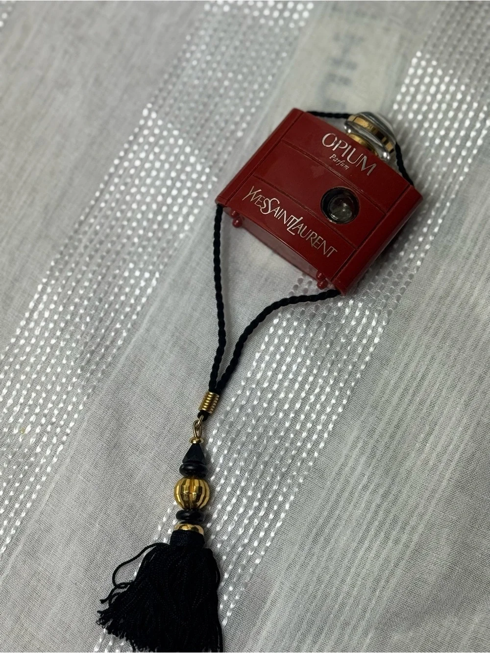 Vintage 80s Collector Yves Saint Laurent Red Black Opium Bottle Pendant Tassel